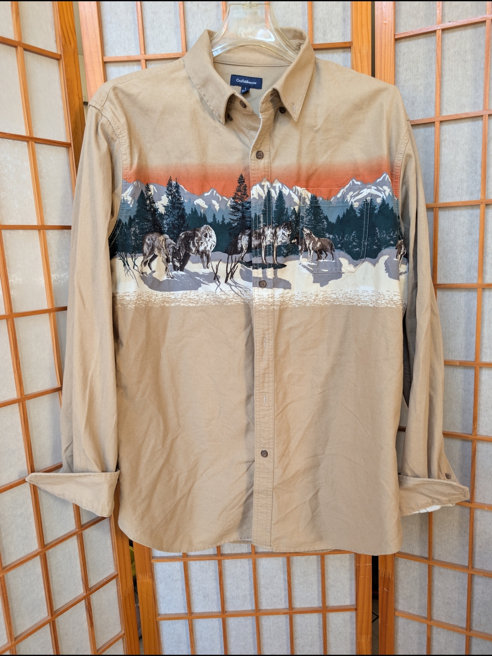 Mens Wolf Western Twill Shirt - Size L - Button Down Long Sleeve - Warm